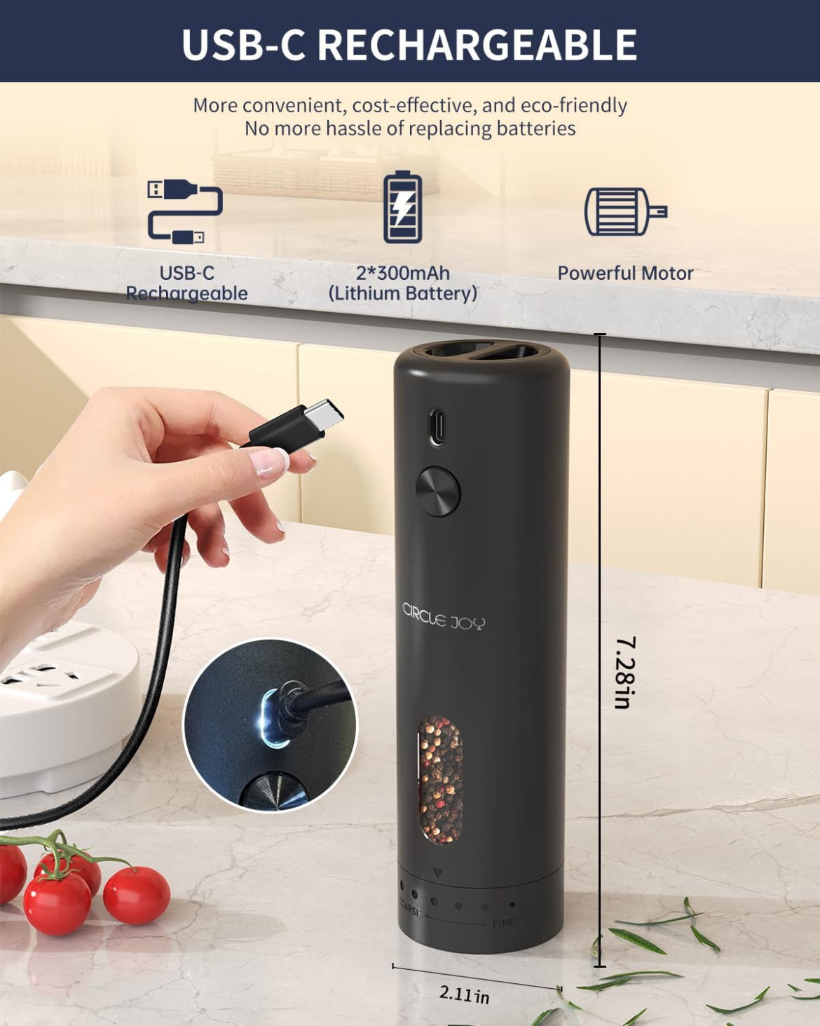 Rechargeable Electric Salt and Pepper Grinder Kitchen Accessories Adjustable Coarseness Automatic Spice Grinders Cooking Tools